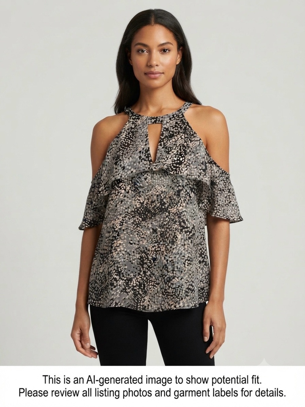 Alice & Trixie Black and Gray Cold-Shoulder Halter Blouse